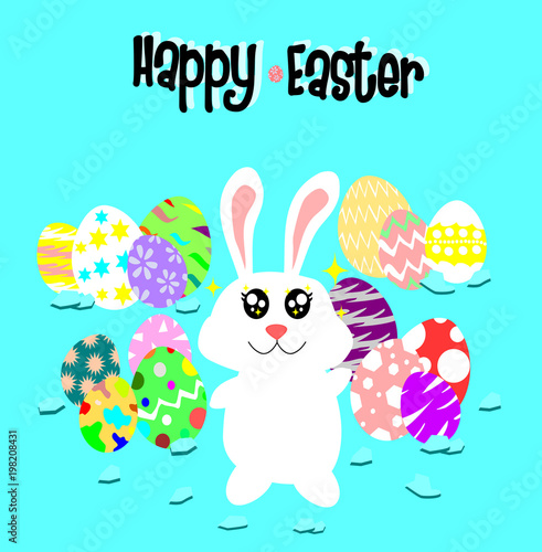 cute easter bunny with a lot of colorful eggs,rabbit with blue back ground ,animals vector