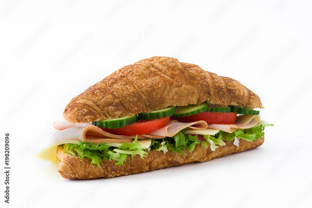 Croissant sandwich with cheese, ham and vegetables. Isolated on white background
Croissant sandwich with cheese, ham and vegetables. Isolated on white background