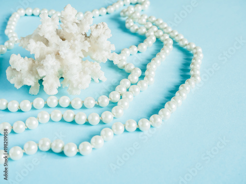 White shell coral with pearl beads a blue background