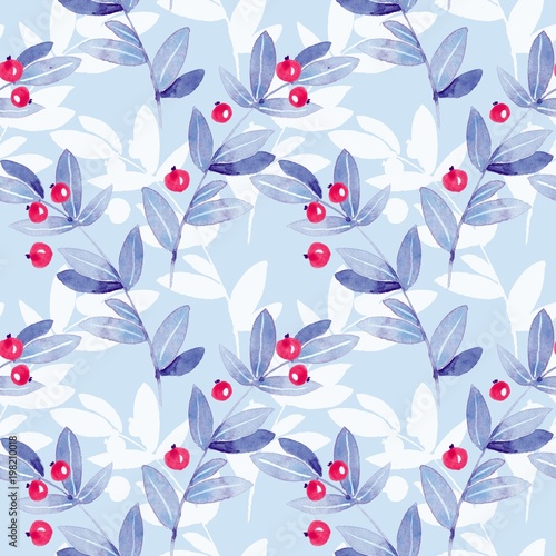 Blue floral seamless pattern. Watercolor leaves
