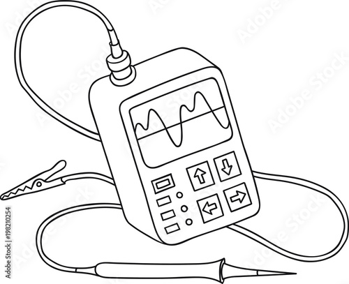Hand Drawn Doodle Sketch Line Art Vector Illustration of Digital Handheld Oscilloscope. Student Course Electronics Emblem Poster Banner Black Outline Design Element Template