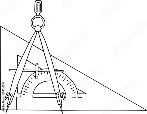 Hand Drawn Doodle Sketch Line Art Vector Illustration of Compasses, Triangle and Protractor. Student Courses Geometry and Draftsmanship Emblem Poster Banner Black Outline Design Element Template