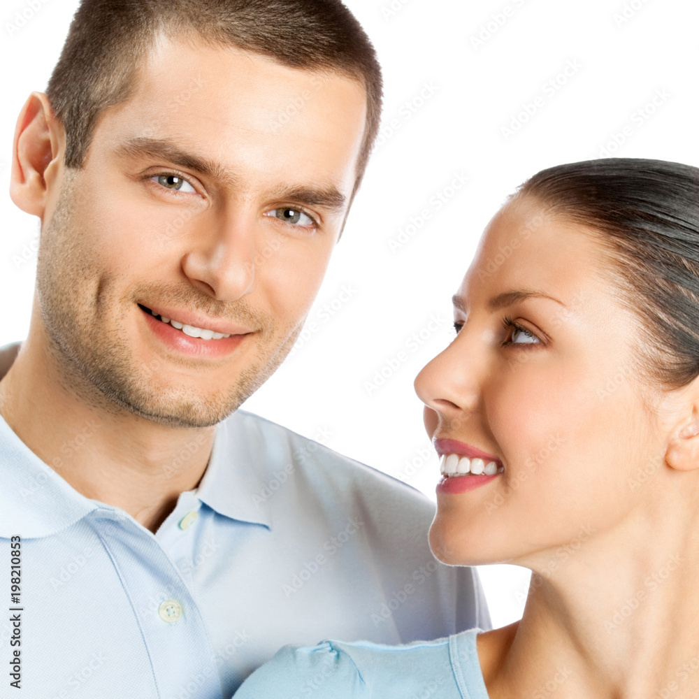 Portrait of young happy smiling attractive couple, isolated on white background Portrait of young happy smiling attractive couple, isolated on white background
