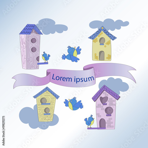 Birds houses and  birds of the titmouse. Set. Elements of the poster with ribbon and place for text. Set for children's textiles, illustrations. Cartoon style.