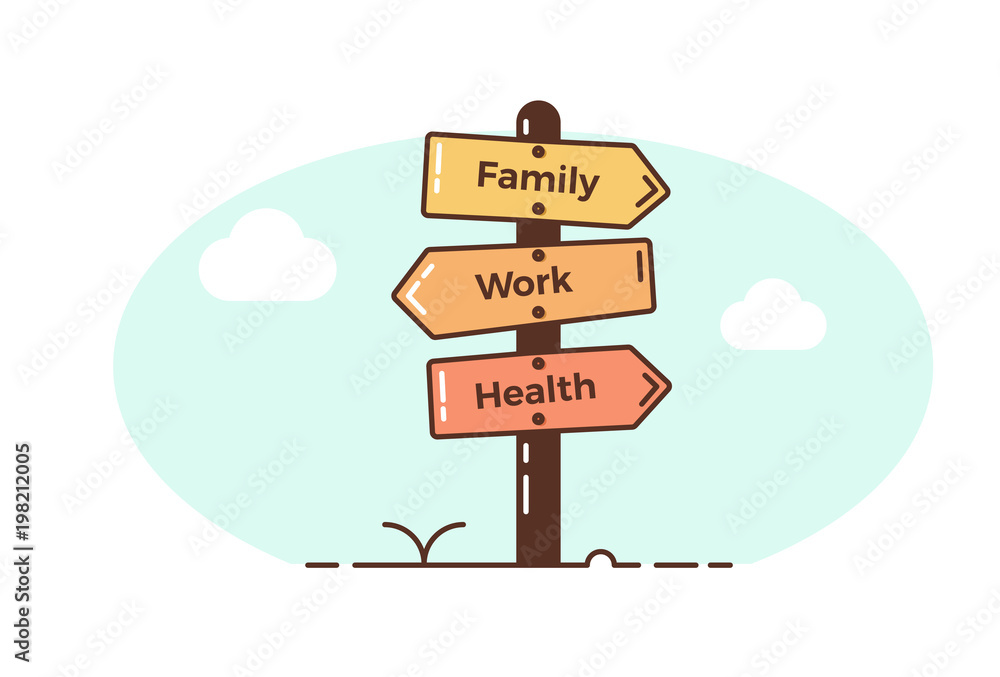 Wooden road signpost pointing toward different directions. Family, work, health. Lifestyle balance concept. Vector illustration design Wooden road signpost pointing toward different directions. Family, work, health. Lifestyle balance concept. Vector illustration design