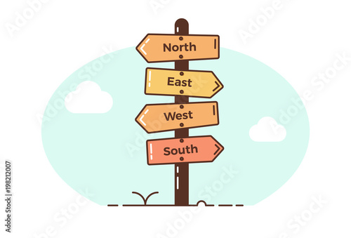 Wooden direction signposts pointing towards four directions. North, east, west, south. Vector illustration design