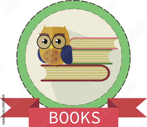 Smart owl in the glasses sit on the books badge icon and ribbon at the bottom for the text. Vector flat illustration for commercial and education use.