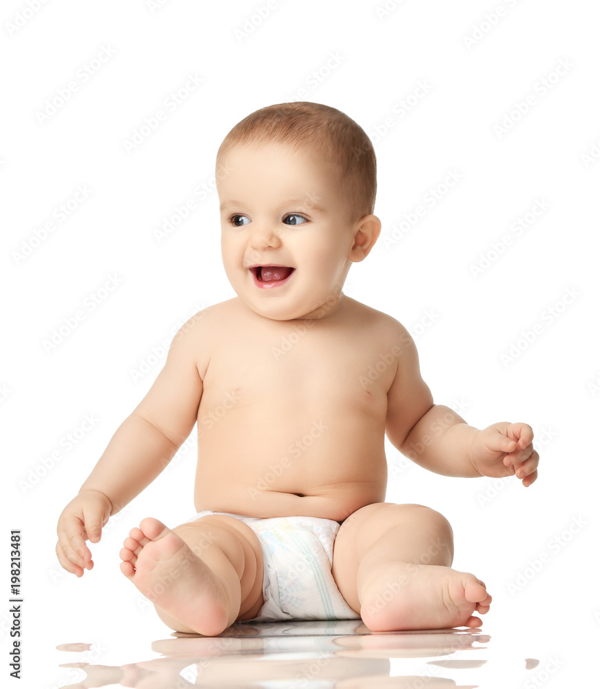 8 month infant child baby boy kid toddler sitting in diaper thinking happy laughing isolated on a white 8 month infant child baby boy kid toddler sitting in diaper thinking happy laughing isolated on a white