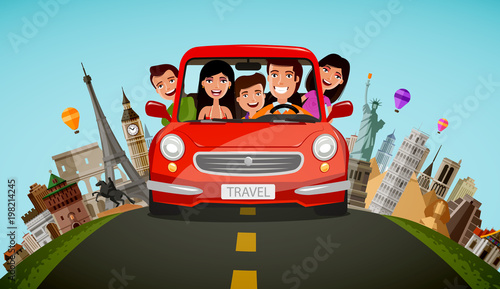 Happy family rides in car on vacation. Journey, travel concept. Cartoon vector illustration