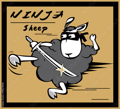 Cartoon ninja sheep with eye mask and sword in hand.Hot shot.Shooting.