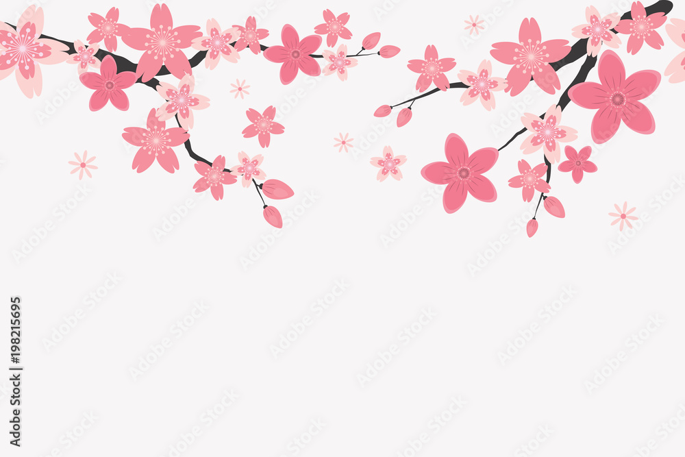 Naklejka premium Spring card template, Cherry blossom seamless pattern background.