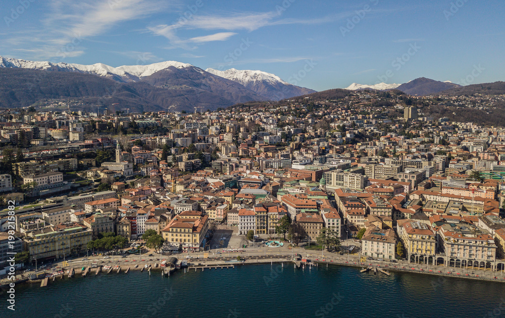Naklejka premium Aerial view of Lugano, town in southern Switzerland