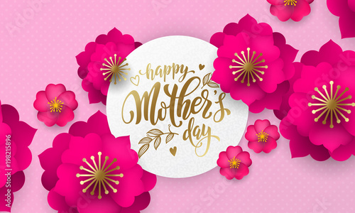 Mothers Day greeting card of red flower pattern and gold text on floral pink and red background for Mother Day holiday design