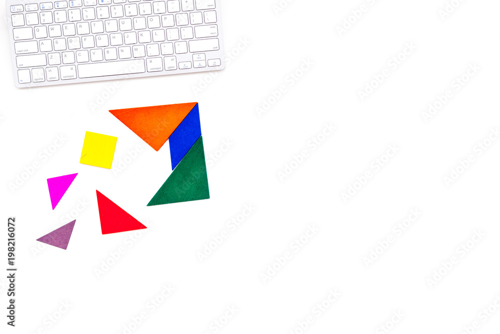 pieces of bright paper for puzzle on white office background top view mockup pieces of bright paper for puzzle on white office background top view mockup