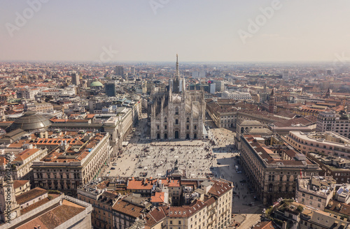 Aerial view of Duomo di Milano, Galleria Vittorio Emanuele II, Piazza del Duomo © a_medvedkov