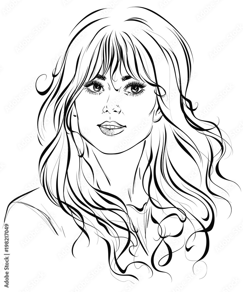 Graphic portrait of a young and cute girl with a beautiful face and long curly hair. Vector illustration Graphic portrait of a young and cute girl with a beautiful face and long curly hair. Vector illustration