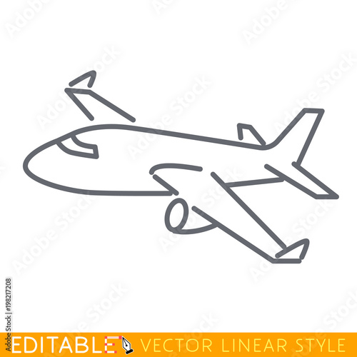 Large passenger plane flying. Editable line sketch icon. Stock vector illustration.