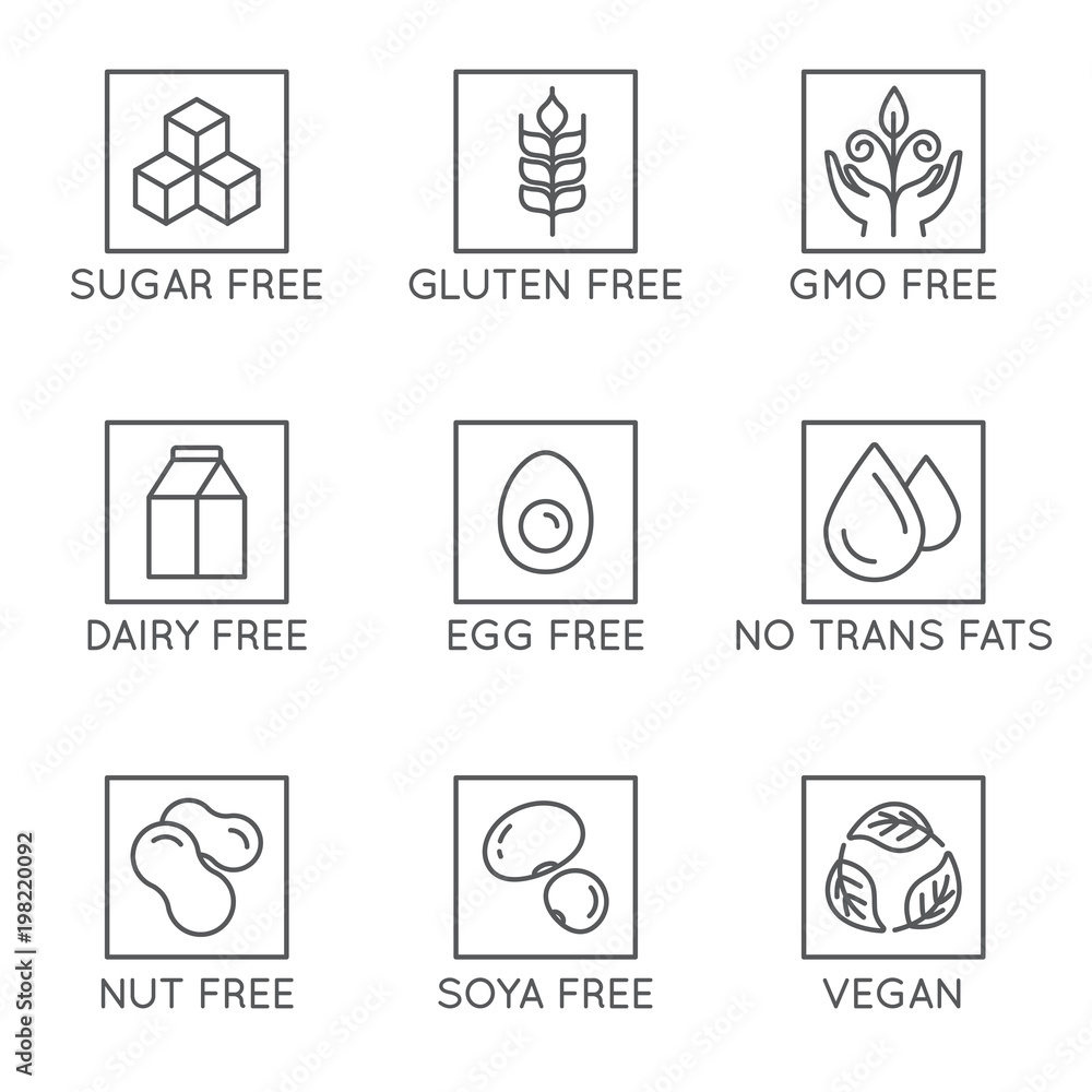 Vector set of design elements and icons for healthy food packaging without allergens