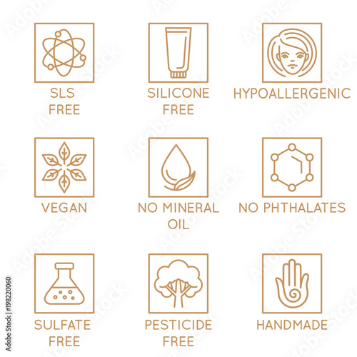 Vector set of design elements, logo design template, icons and badges for natural and organic cosmetics in trendy linear style