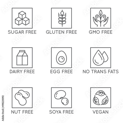 Vector set of design elements and icons for healthy food packaging without allergens