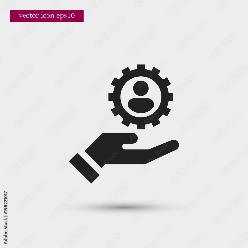 Gear with user on hand icon. Simple HR element illustration. Work symbol design from business collection. Can be used in web and mobile. Gear with user on hand icon. Simple HR element illustration. Work symbol design from business collection. Can be used in web and mobile.