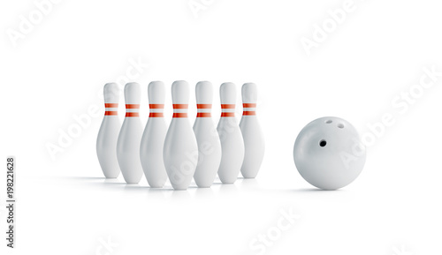 Blank white bowling skittles full set with ball mock up, side view, 3d rendering. Empty bowl game pins mockup, isolated. Clear leisure sport equipment design template. Plain targets for activity photo