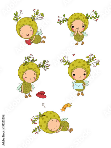 Set with a cheerful insect. Forest Fairy. Cute Elf. Cartoon fly.