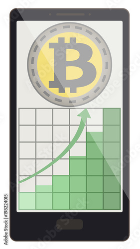bitcoin coins with growth graph on a phone screen