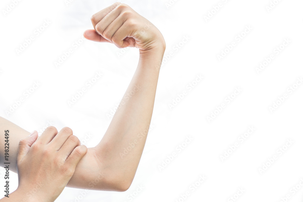 Close-up girl hand stronger on a white background Close-up girl hand stronger on a white background