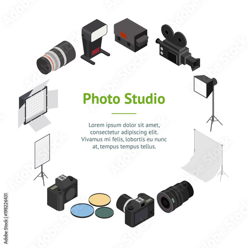 Photo Studio Equipment Banner Card Circle Isometric View. Vector