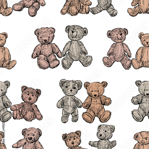 Seamless background of old teddy bears
