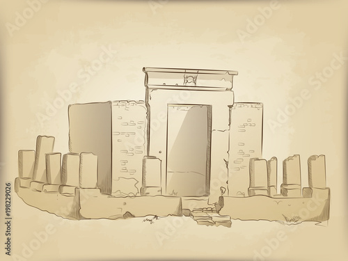 ancient ruins of the temple. the building and the destroyed columns. the sketch handmade. the background is old parchment. beige and brown color.