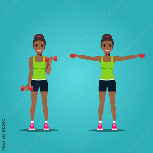 Young sportswoman afro american woman in sportwear is engaged in sports. Set isolated. Vector flat style illustration.