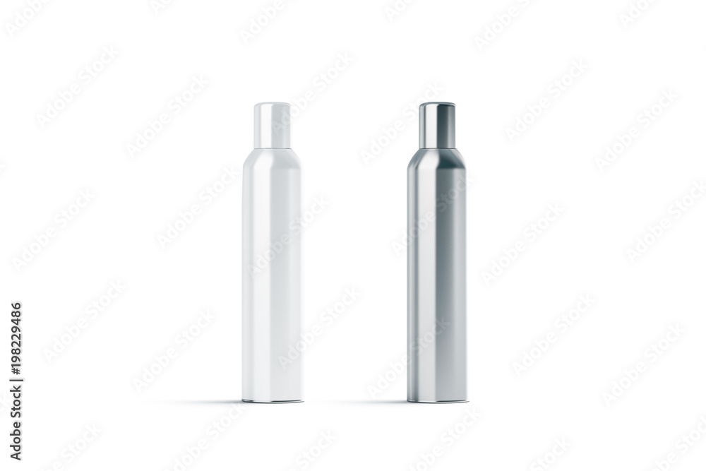 Blank white and steel closed hairspray bottle mockup, 3d rendering. Empty deodorant mock up isolated. Clear stainless container template Blank white and steel closed hairspray bottle mockup, 3d rendering. Empty deodorant mock up isolated. Clear stainless container template