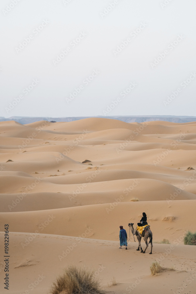 Rear view of woman riding on camel at Sahara Desert against clear sky Rear view of woman riding on camel at Sahara Desert against clear sky