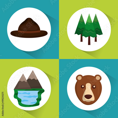 canada hat range mountain lake pine tree and bear vector illustration