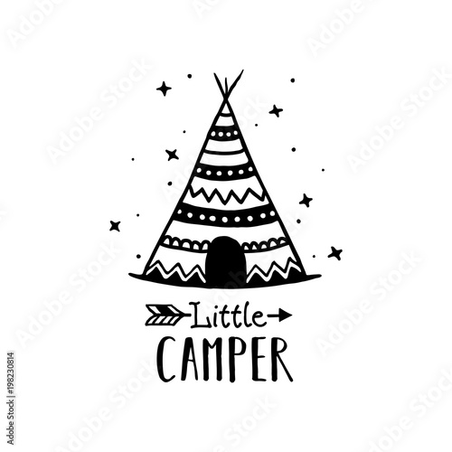 Little camper scandinavian style hand drawn poster. Vector illustration.