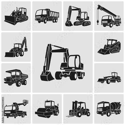 Heavy equipment and machinery detailed icons set photo