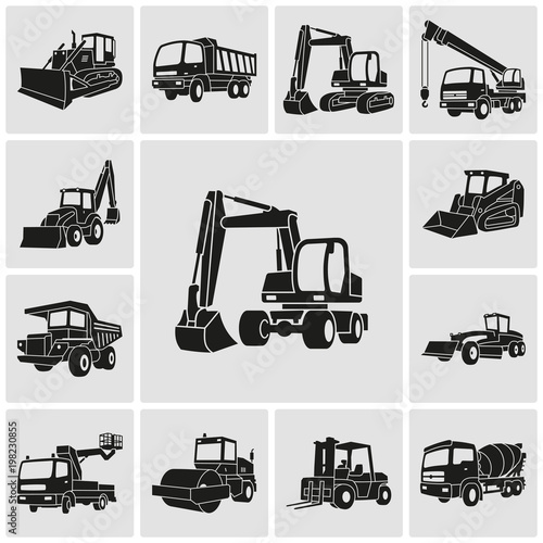 Heavy equipment and machinery detailed icons set