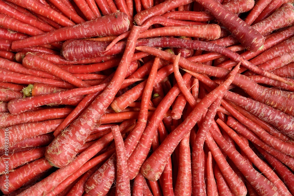 Indian Red Carrots, fresh harvested locally grown raw carrots in a farmers produce market in Rajasthan, India Indian Red Carrots, fresh harvested locally grown raw carrots in a farmers produce market in Rajasthan, India