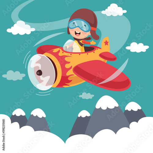 Vector Illustration Of Kid Operating Plane