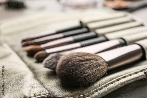 Brushes of professional makeup artist in leather case on table, closeup