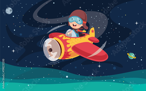 Vector Illustration Of Kid Operating Plane