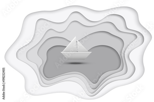 Gray paper cut lake and paper ship isolated on white background. Vector illustration.
