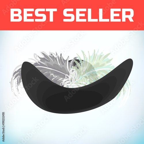 Headdress musketeer France or pirate old hat with feather, made of felt or leather with an iron buckle. Vector illustration. Hat for a masquerade, or historical attribute of a costume.