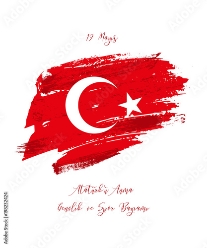 19th may commemoration of Ataturk, youth and sports day. Vector Turkish holiday greeting card.