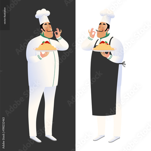 Italian restaurant set - two cooks wearing the uniform holding a dish of pasta with red bolognese sauce, cartoon character