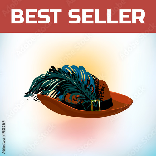 Headdress musketeer France or pirate old hat with feather, made of felt or leather with an iron buckle. Vector illustration. Hat for a masquerade, or historical attribute of a costume.