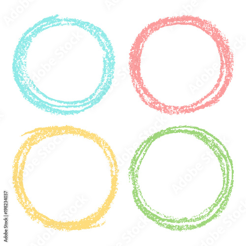 Set of pastel soft color crayon colorful hand drawing round design elements with pastel chalk or pencil texture. Pink, green, blue, yellow circle frames background. Vector. 