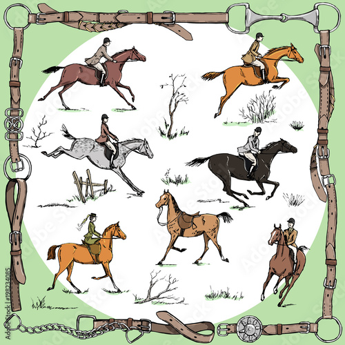 Equestrian belt frame with horse riders english style on landscape and sport fox hunting. England tradition style in leather frame with bit  saddle  horse riding tool. Hand drawing vector vintage art